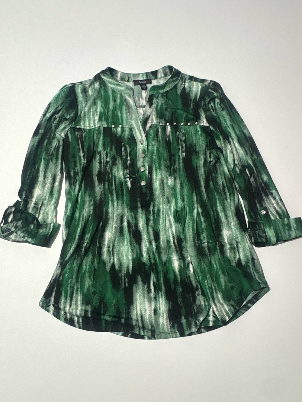 Cocomo Green Black and White Tie-Dye Pintuck Henley Tunic